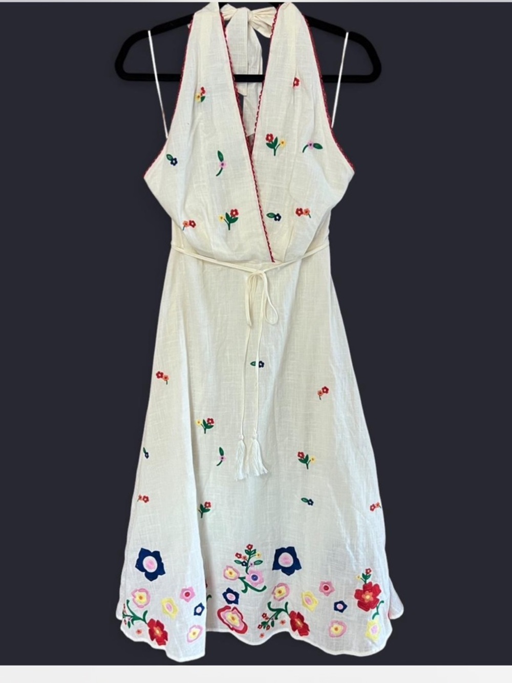 LALAVON WRAP HALTER NECK TIE EMBROIDERED MIDI DRESS M - Picture 2 of 8
